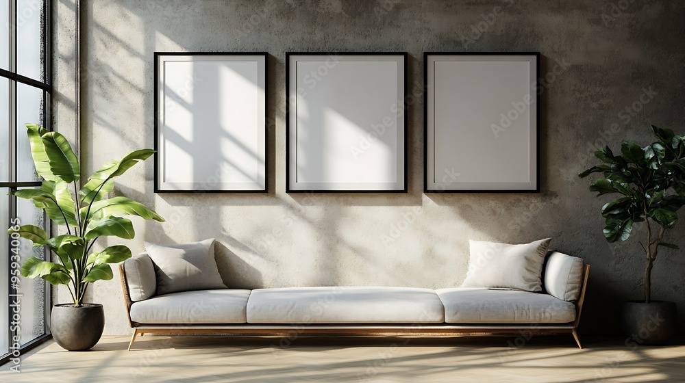Aufkleber artistic mockup template black vertical picture frames on beige wall background in sunlight poster d
