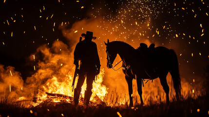 Fototapeta premium Cowboy and Horse Silhouetted by Fire at Night Under a Starry Sky