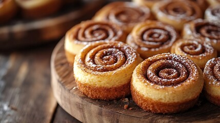 Top view of a pile of cinnamon swirl coffee cake on a wooden plate : Generative AI