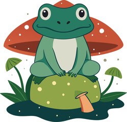 Hand drawn Cottagecore Aesthetic Goblincore Frog sitting on Mushroom, Cottage core style frog
