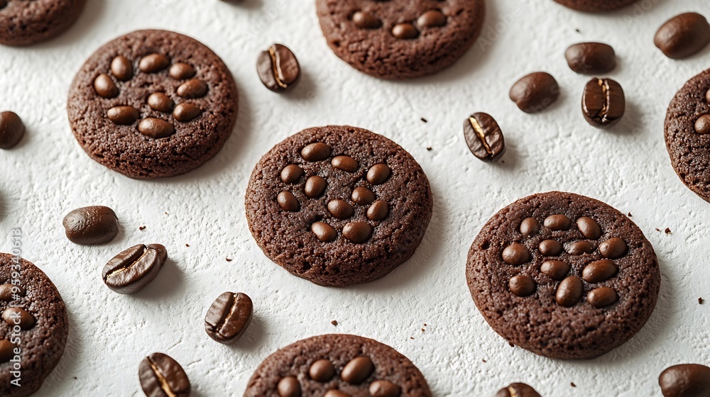 Poster coffee bean cookies on a patterned white background : generative ai