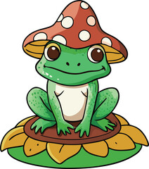 Hand drawn Cottagecore Aesthetic Goblincore Frog sitting on Mushroom, Cottage core style frog