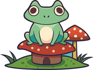 Hand drawn Cottagecore Aesthetic Goblincore Frog sitting on Mushroom, Cottage core style frog