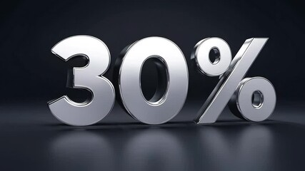 3D metallic silver "30%" text on a dark reflective surface - Powered by Adobe
