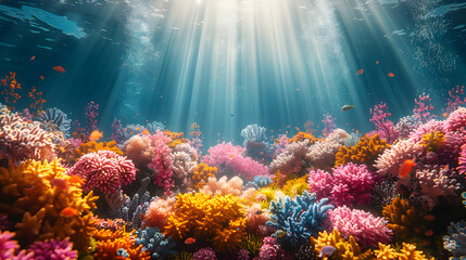 Fototapeta premium Vibrant Underwater Coral Reef Illustration with Sun Rays