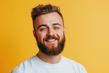 Fototapeta premium Bearded Man Smiling Against Yellow Background. Generative AI.