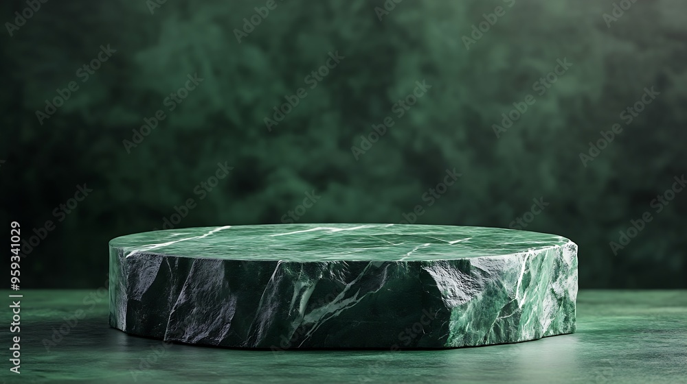 Poster background for cosmetic products of natural green color stone podium on a green background front vie