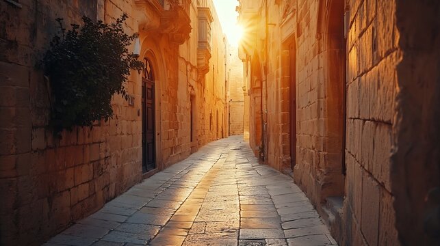 Narrow winding street with golden light illuminating sandstone walls in Maltas silent city Mdina : Generative AI