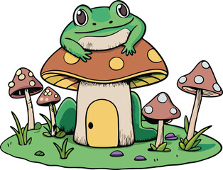 Hand drawn Cottagecore Aesthetic Goblincore Frog sitting on Mushroom, Cottage core style frog
