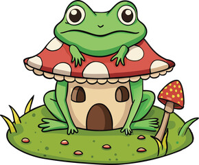 Hand drawn Cottagecore Aesthetic Goblincore Frog sitting on Mushroom, Cottage core style frog