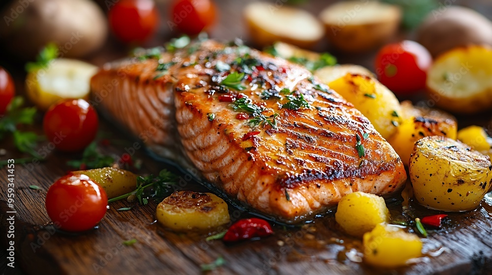 Poster fried salmon steak with potatoes and vegetables on wooden table : generative ai