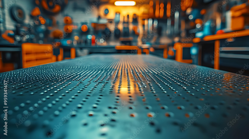 Poster closeup of a metal workbench with a grid pattern, blurred workspace in the background.