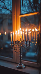 Candles Glowing on a Candelabrum Near a Window at Twilight