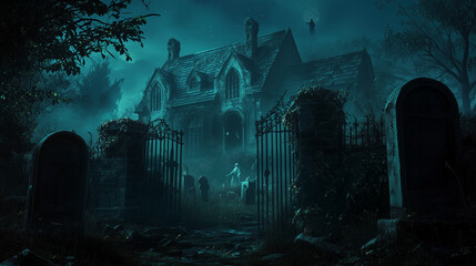 Spooky Old Mansion Surrounded by Fog and Gravestones at Night