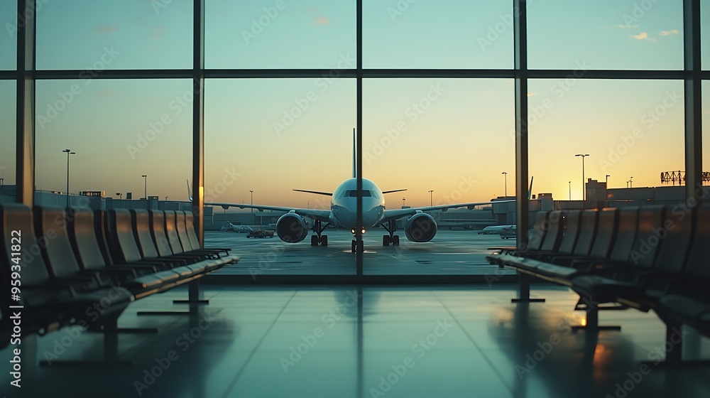 Poster airplane view from airport terminal : generative ai