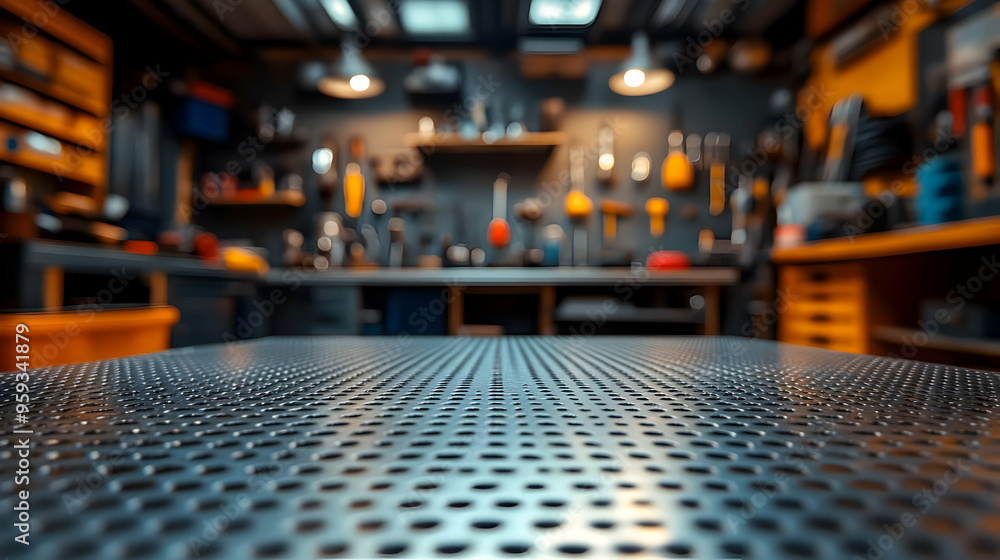 Poster close-up of a perforated metal table surface with a blurred workshop background.