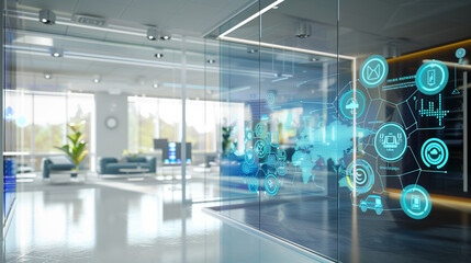 modern office communications network management system visualization through virtual display of icons, networking technology 