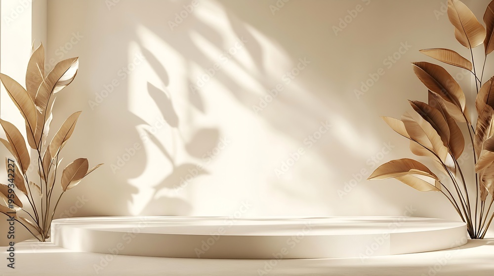 Poster background shadow studio autumn beige plant overlay podium 3d white light design table product room 