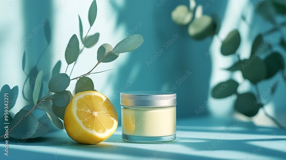 Poster cosmetic jar and bottle next to lemon and branch of eucalyptus on color paper sheets and background 