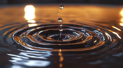 A top view of a single water drop hitting a glossy ceramic surface, creating delicate ripples and light patterns