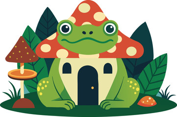 Hand drawn Cottagecore Aesthetic Goblincore Frog sitting on Mushroom, Cottage core style frog