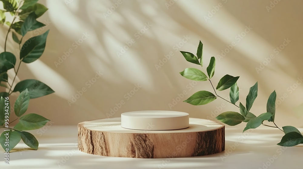 Poster minimal modern product display on neutral beige background wood slice podium and green leaves concep