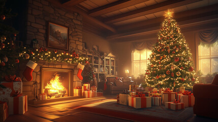 Fototapeta premium A Cozy Christmas Living Room With a Decorated Tree and Warmth