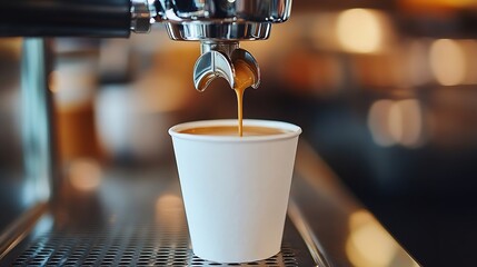 closeup of an espresso machine dispensing coffee into a white paper cup : Generative AI