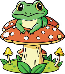 Hand drawn Cottagecore Aesthetic Goblincore Frog sitting on Mushroom, Cottage core style frog