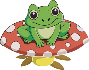 Hand drawn Cottagecore Aesthetic Goblincore Frog sitting on Mushroom, Cottage core style frog