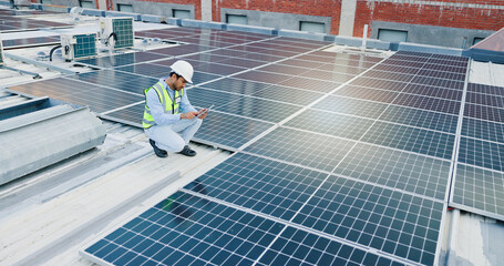 Inspection, man and tablet for solar panels, energy saving and electricity or heating of eco...