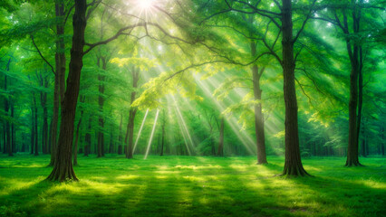 Obraz premium A beautiful scene in a lush green forest. It's a wide view of nature with soft light shining into an open area, brightening the grassy ground surrounded by trees.