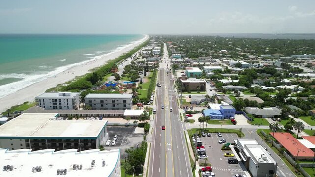 Flying along scenic A1A roadway in Indian Harbour Beach on the Space Coast in Brevard County, Florida