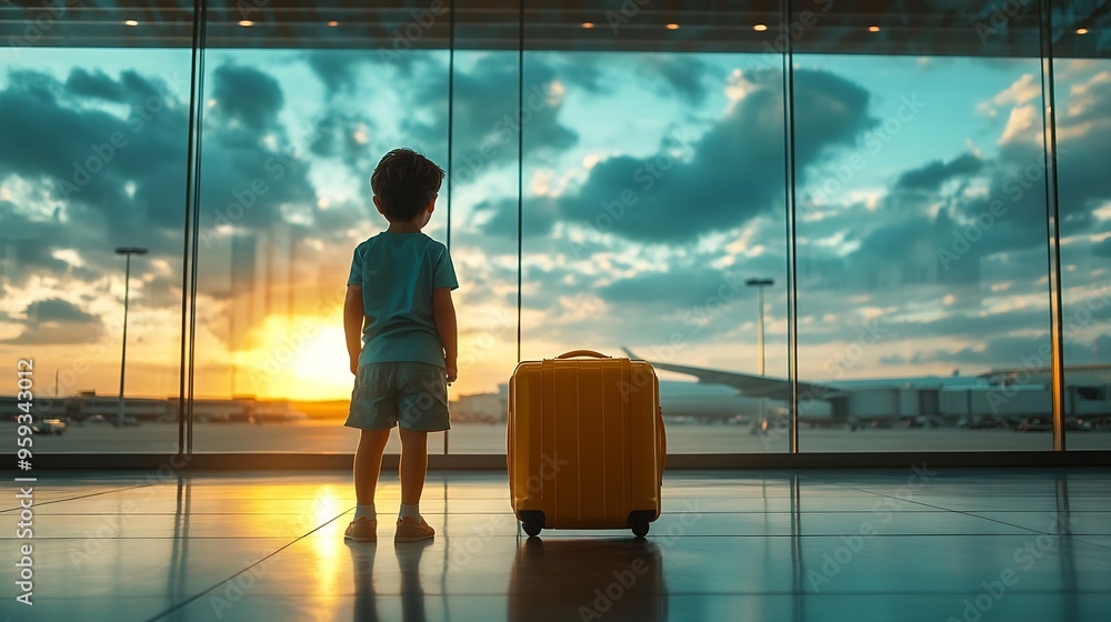 Poster boy with yellow suitcase at empty airport terminal waiting for departure looking out the window chil