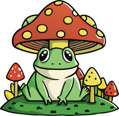 Hand drawn Cottagecore Aesthetic Goblincore Frog sitting on Mushroom, Cottage core style frog