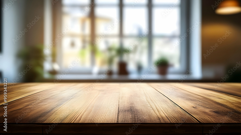 Poster Close-up of a wooden table top with a blurry background of a window with sunlight streaming in.