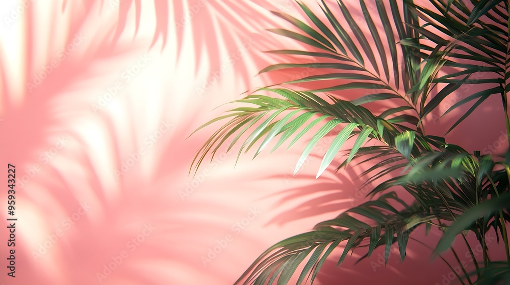 Poster Blurred shadow from palm leaves on the light pink wall Minimal abstract background for product presentation Spring and summer Peach Fuzz Color of the year 2024 : Generative AI
