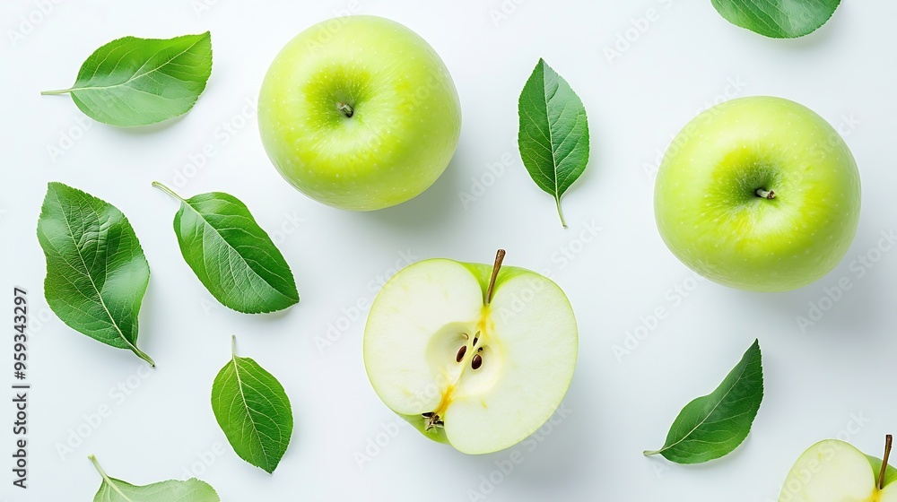 Wall mural Green apple and cut in half sliced with leaves isolated on white background top view flat lay : Generative AI