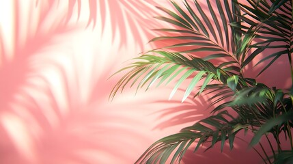 Blurred shadow from palm leaves on the light pink wall Minimal abstract background for product presentation Spring and summer Peach Fuzz Color of the year 2024 : Generative AI