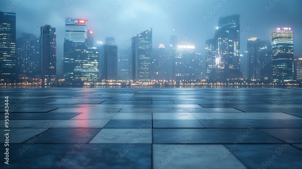 Poster empty square floor and city skyline with building background : generative ai