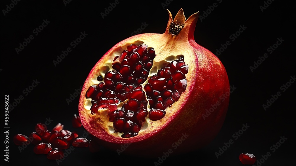 Poster artistic close up macro tropical open pomegranate with seeds also called punica granatum photographe