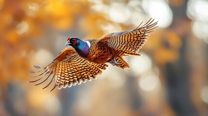 Obraz premium Pheasant Phasianus colchicus in flight closeup : Generative AI
