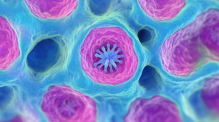 Image of cell mitosis captured with a colorful fluorescent stain, cell division under microscope, biological science