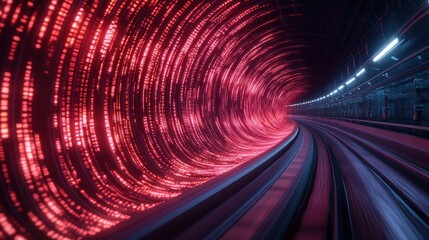 High-Speed Data Streaming Binary Code Flowing Through a Futuristic Tunnel, Representing Connectivity, Information Flow, and the Speed of Modern Technology