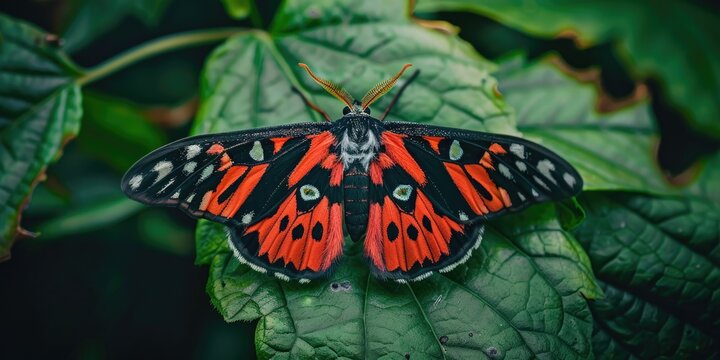 Scarlet tiger moth Callimorpha dominula perched on a green leaf with wings outstretched photographed from above