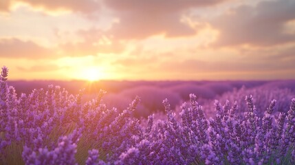 Beautiful lavender field with a nice sunset in the background : Generative AI