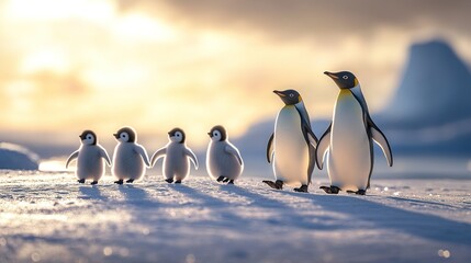 Obraz premium A group of penguins and baby penguins led by a penguin leader, walking on the ice pole