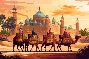 Traditional Mughal, camel caravan, vector style.