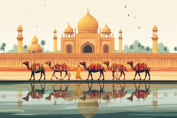 Traditional Mughal, camel caravan, vector style.