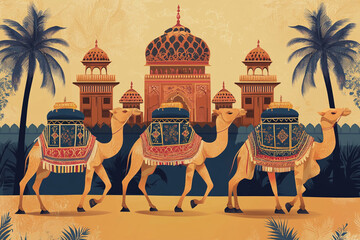 Traditional Mughal, camel caravan, vector style.